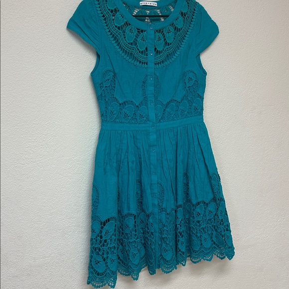 Alice + Olivia womans eyelet Teal Lace mini Dress size S - Picture 4 of 6
